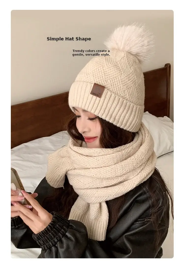 Ladies Winter Beige Knitted Hat & Scarf Set — feature 6