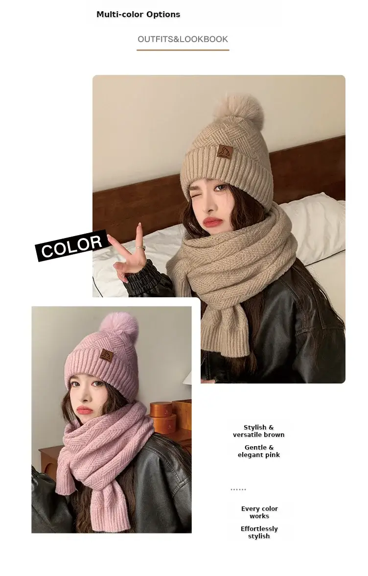Ladies Winter Beige Knitted Hat & Scarf Set — feature 8