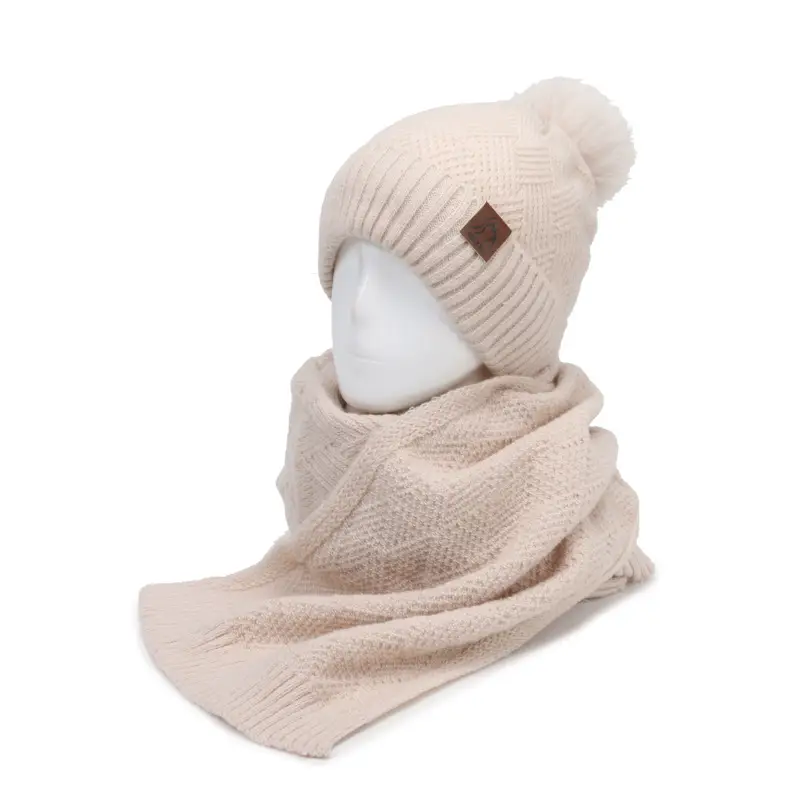 Ladies Winter Beige Knitted Hat & Scarf Set - Image 5