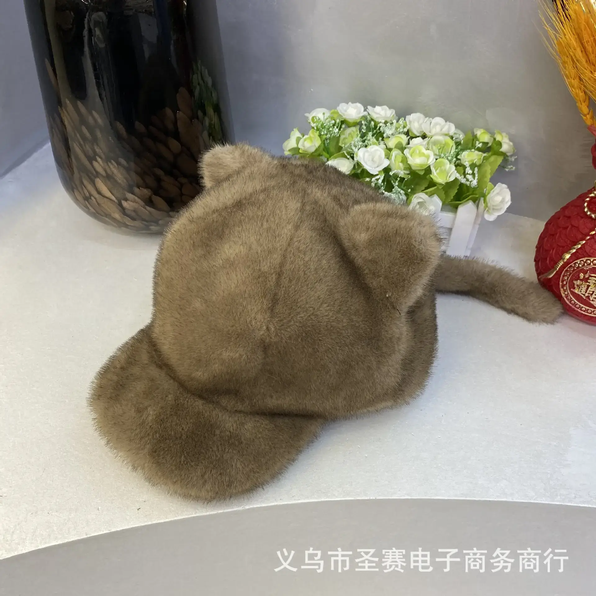 Winter Mink Fur Cat Ears Cap Beige Soft Warm - Image 5