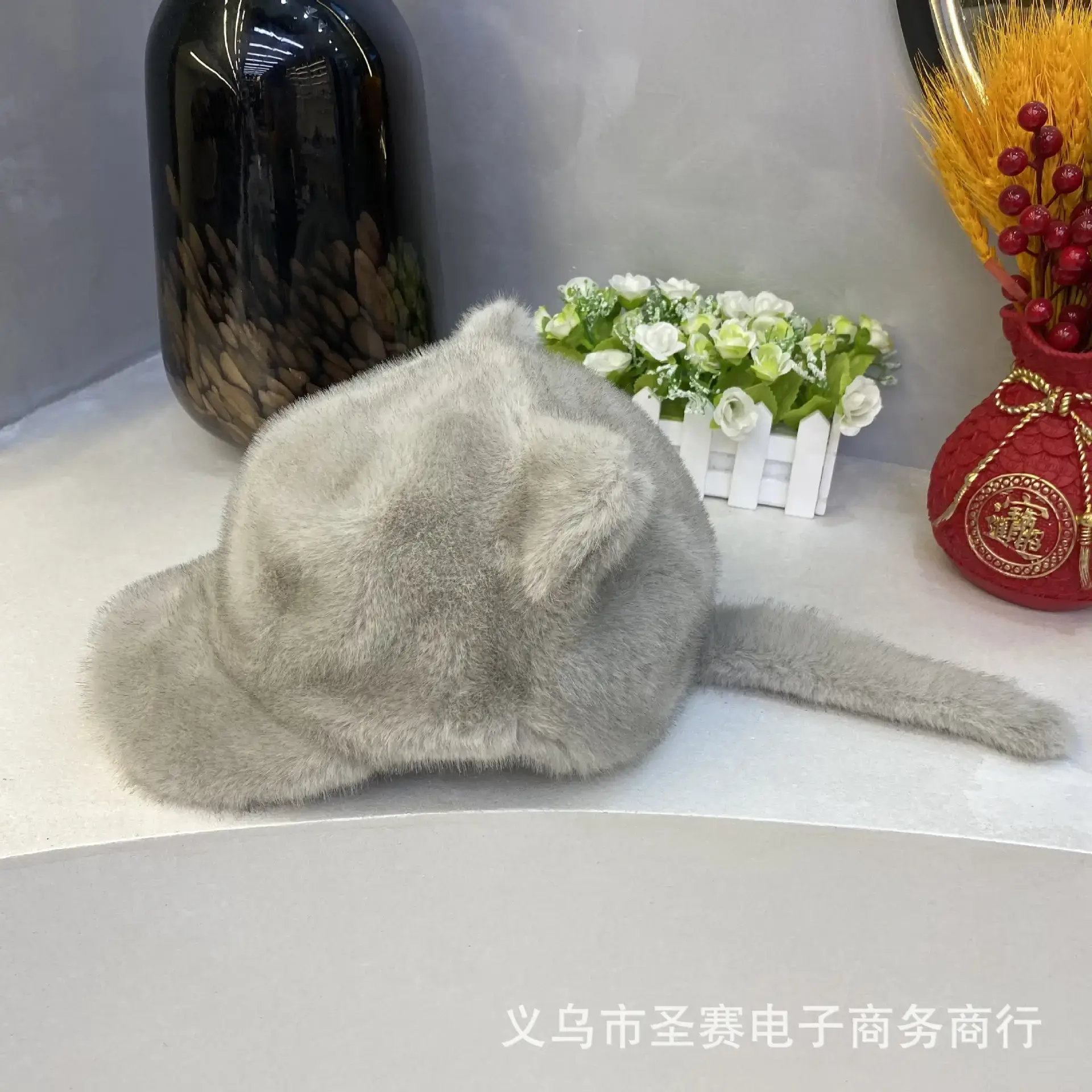 Winter Mink Fur Cat Ears Cap Beige Soft Warm - Image 3