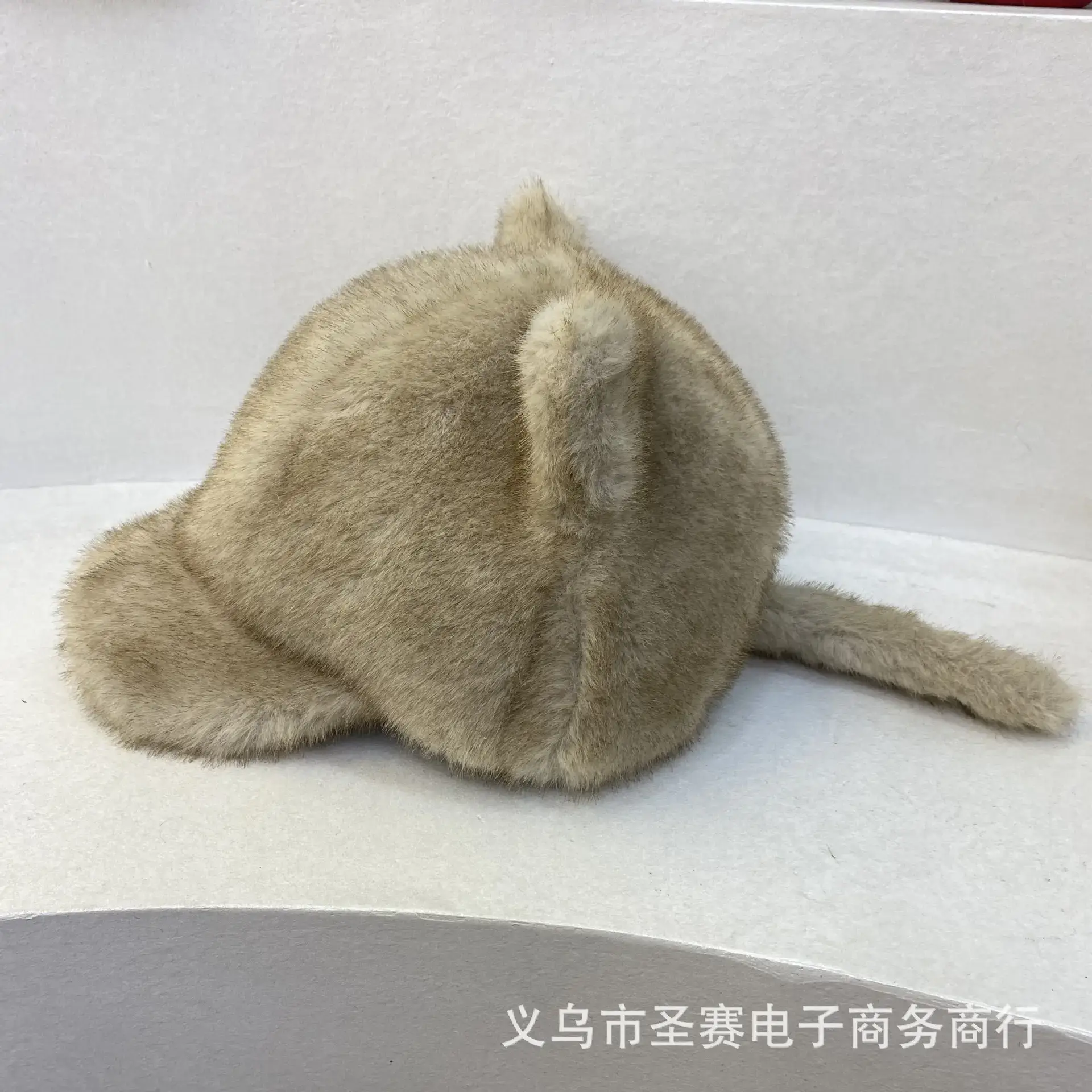 Winter Mink Fur Cat Ears Cap Beige Soft Warm - Image 4
