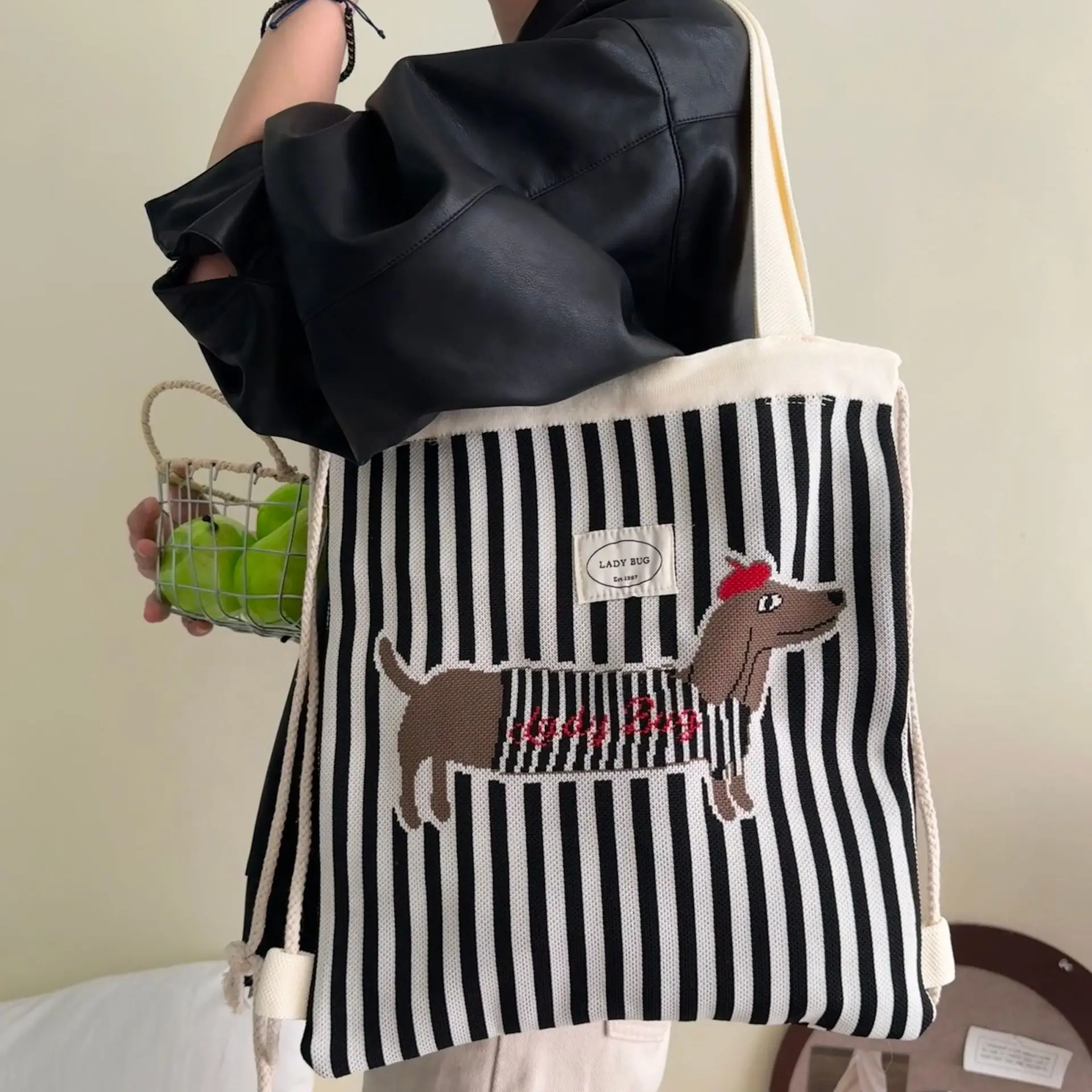 Women's Striped Drawstring Flap Backpack Large Capacity - Image 7