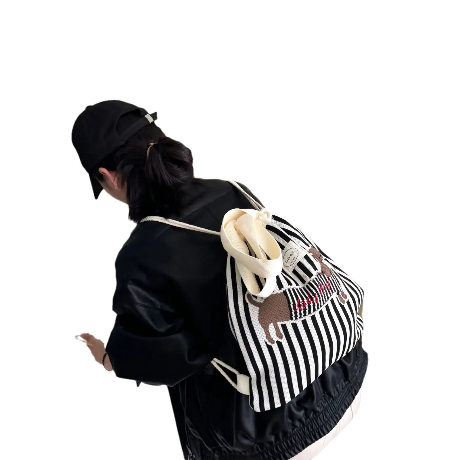 Women's Striped Drawstring Flap Backpack Large Capacity - Image 9