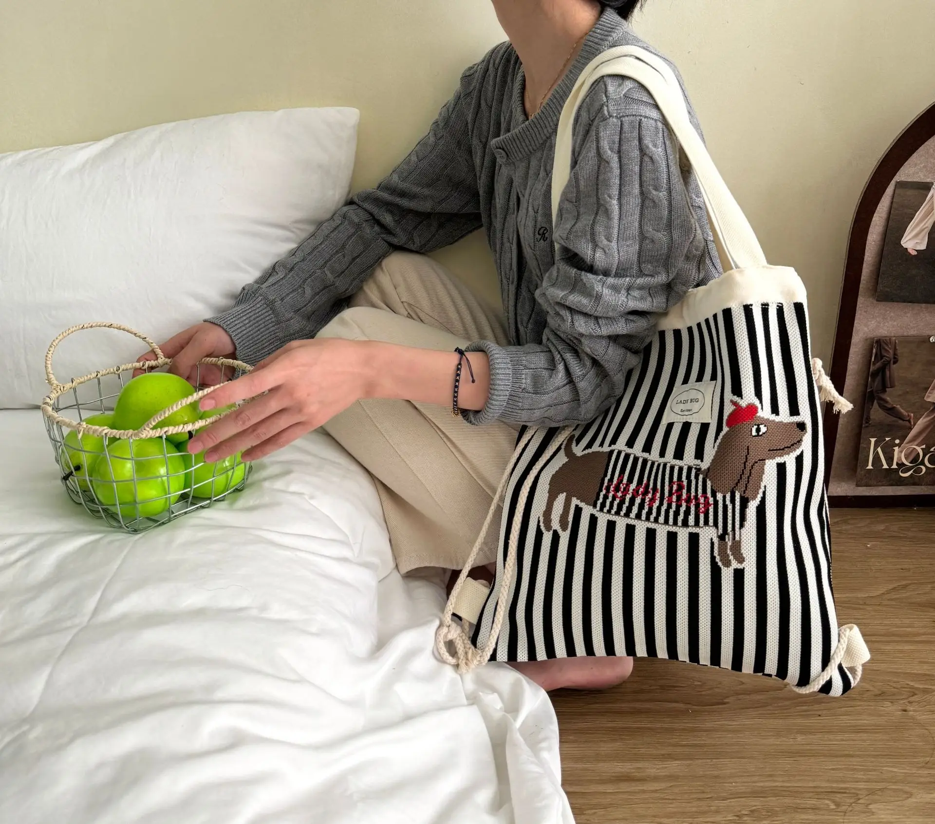 Women's Striped Drawstring Flap Backpack Large Capacity — feature 1