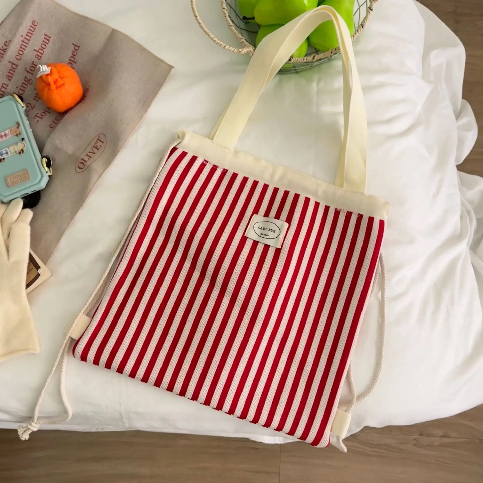 Women's Striped Drawstring Flap Backpack Large Capacity — feature 17