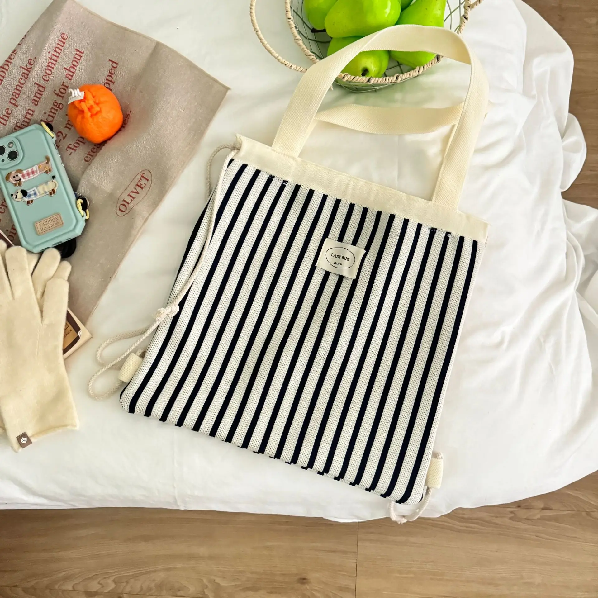 Women's Striped Drawstring Flap Backpack Large Capacity — feature 19