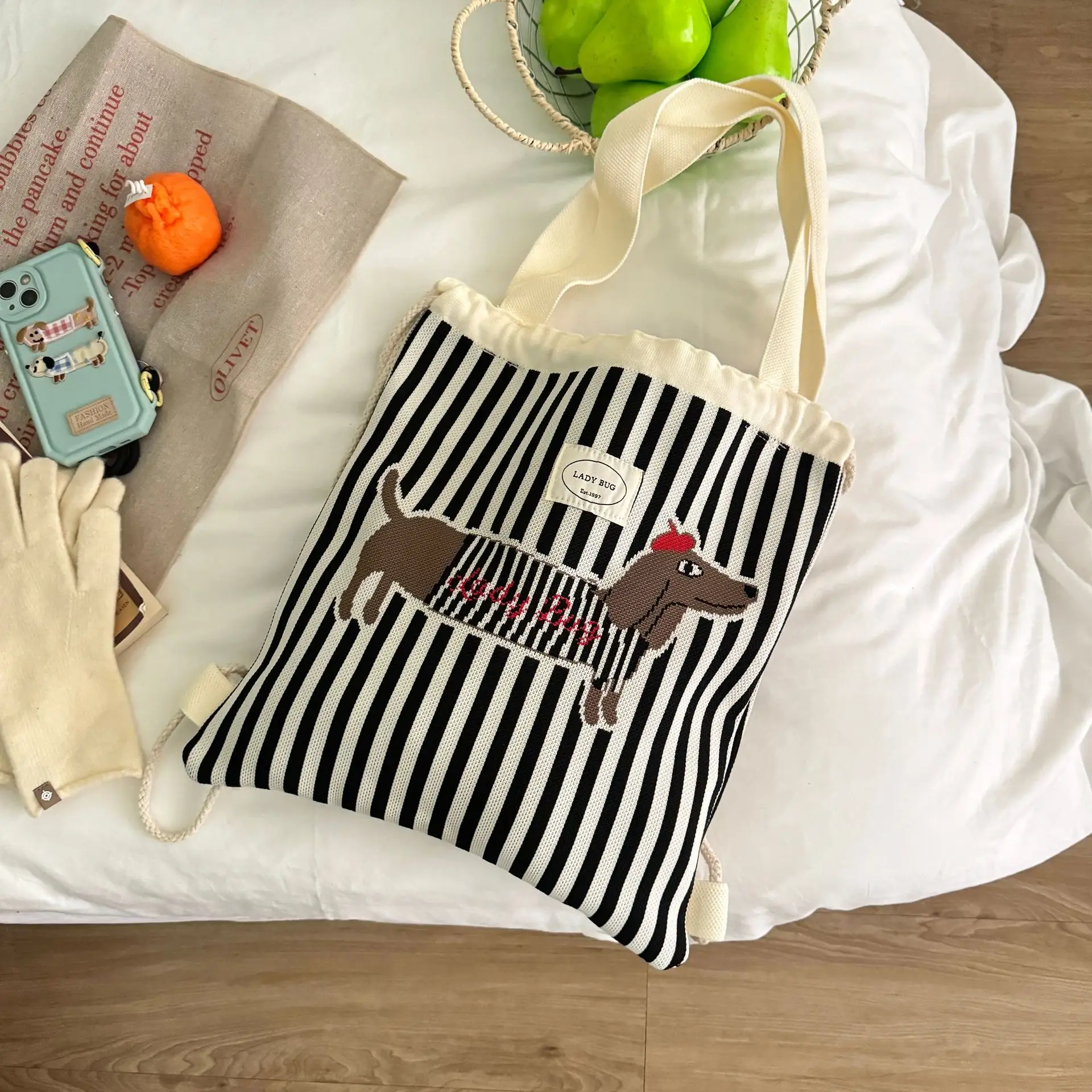 Women's Striped Drawstring Flap Backpack Large Capacity — feature 6