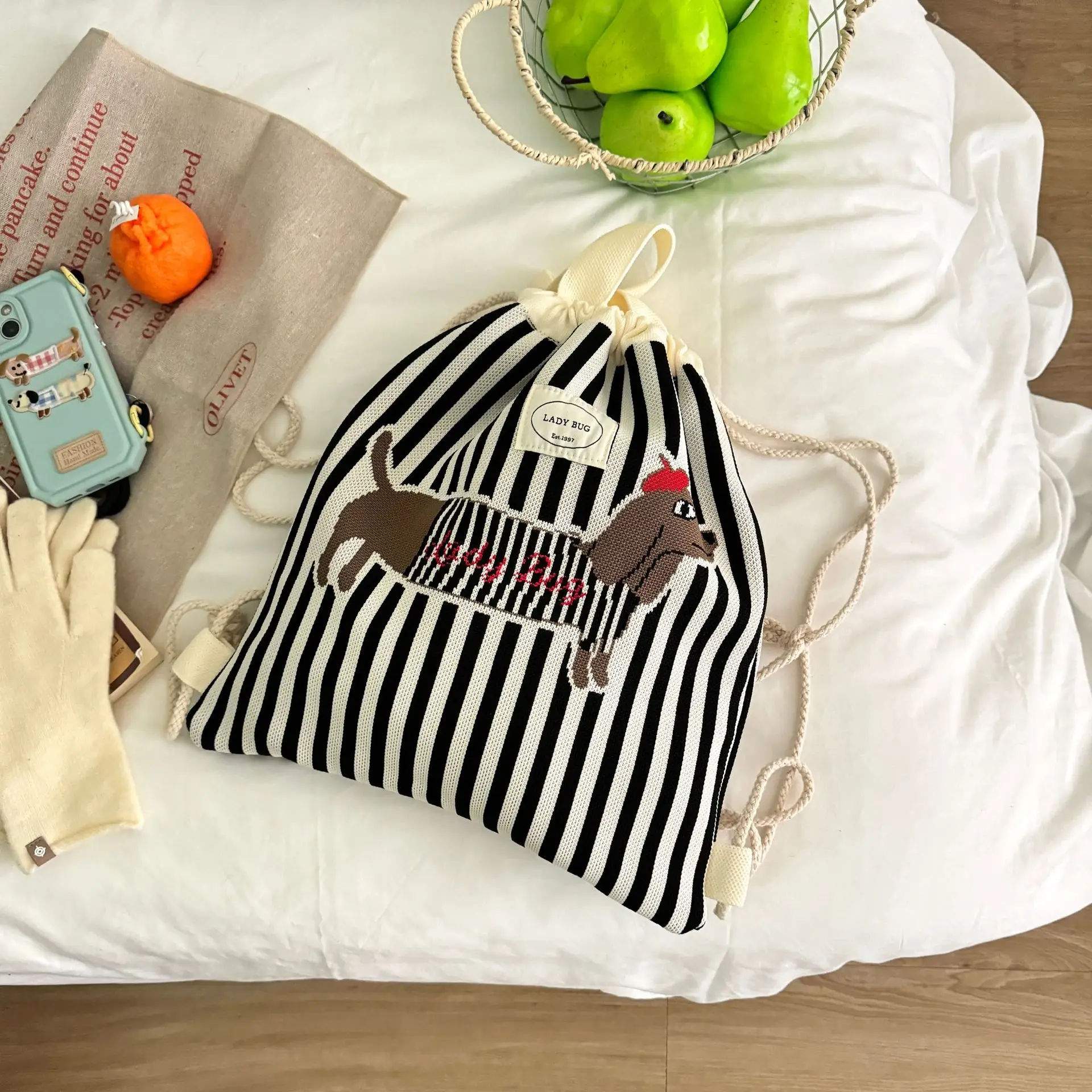 Women's Striped Drawstring Flap Backpack Large Capacity — feature 7