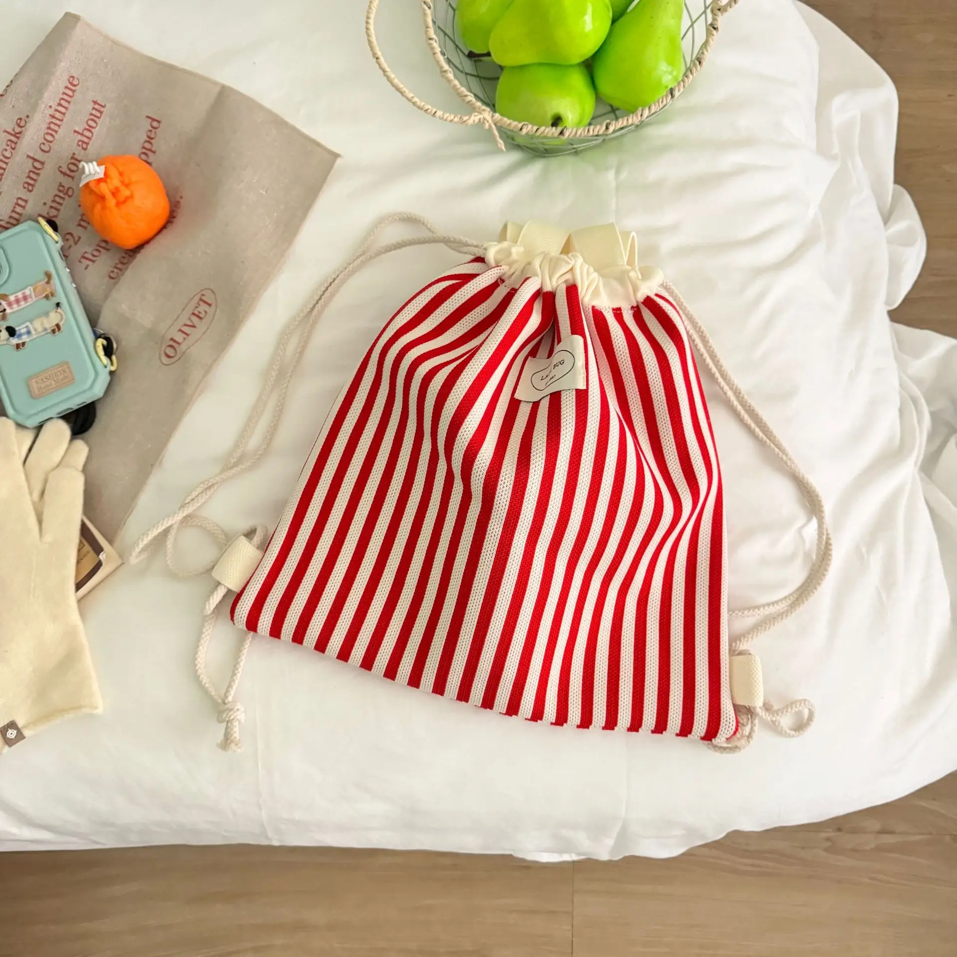 Women's Striped Drawstring Flap Backpack Large Capacity - Image 3