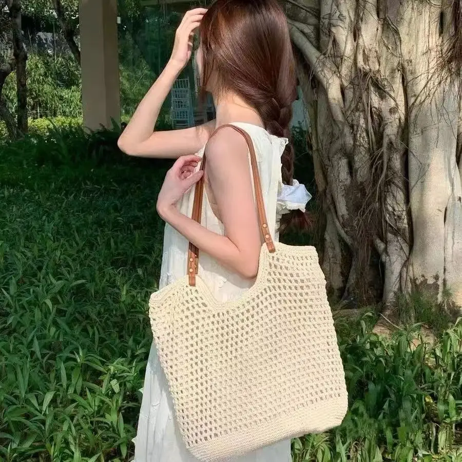 Women's Beige Woven Shoulder Bag for Beach Day — feature 2