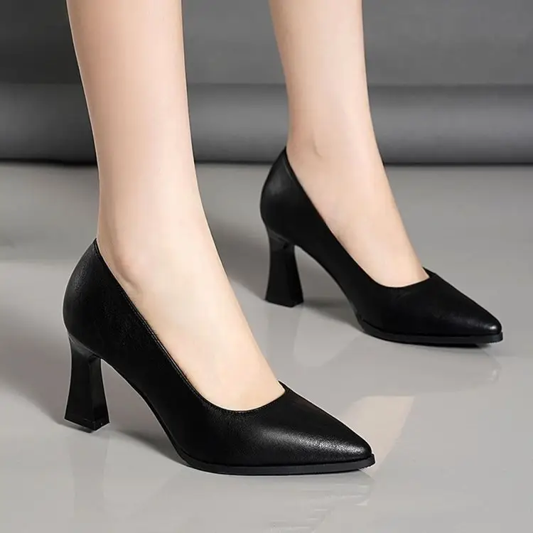 2024 New Comfortable High Heels Single Shoes Women's Middle Heel Non-slip Work Professional Work Shoes Black Leather Shoes Women's Soft Sole — feature 11