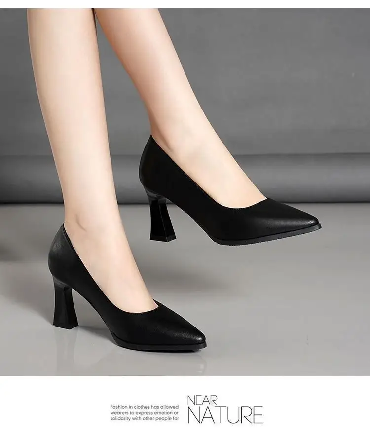2024 New Comfortable High Heels Single Shoes Women's Middle Heel Non-slip Work Professional Work Shoes Black Leather Shoes Women's Soft Sole — feature 3