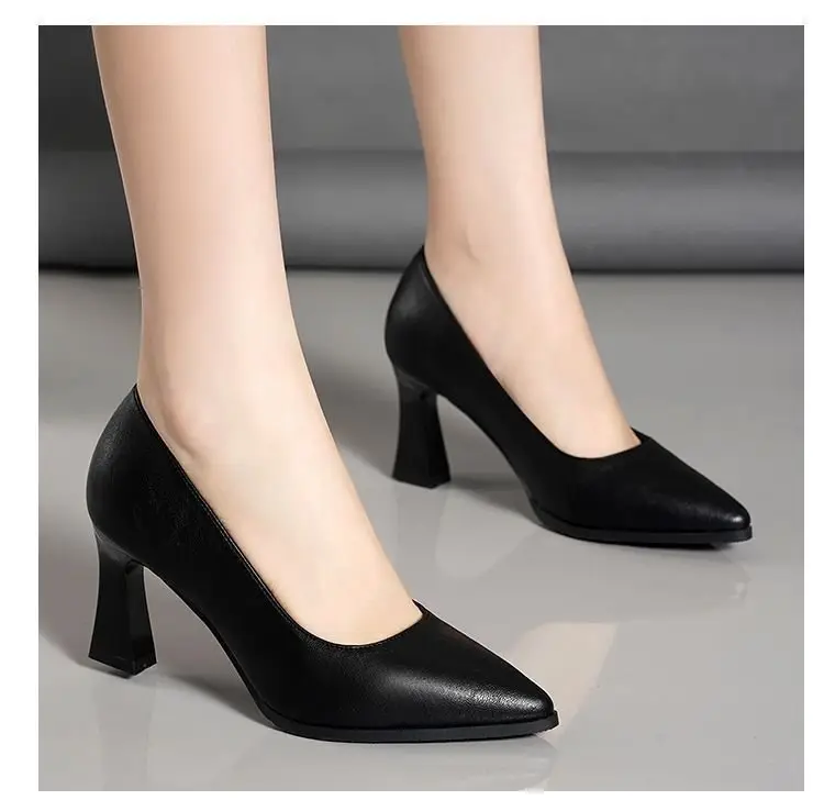 2024 New Comfortable High Heels Single Shoes Women's Middle Heel Non-slip Work Professional Work Shoes Black Leather Shoes Women's Soft Sole — feature 4