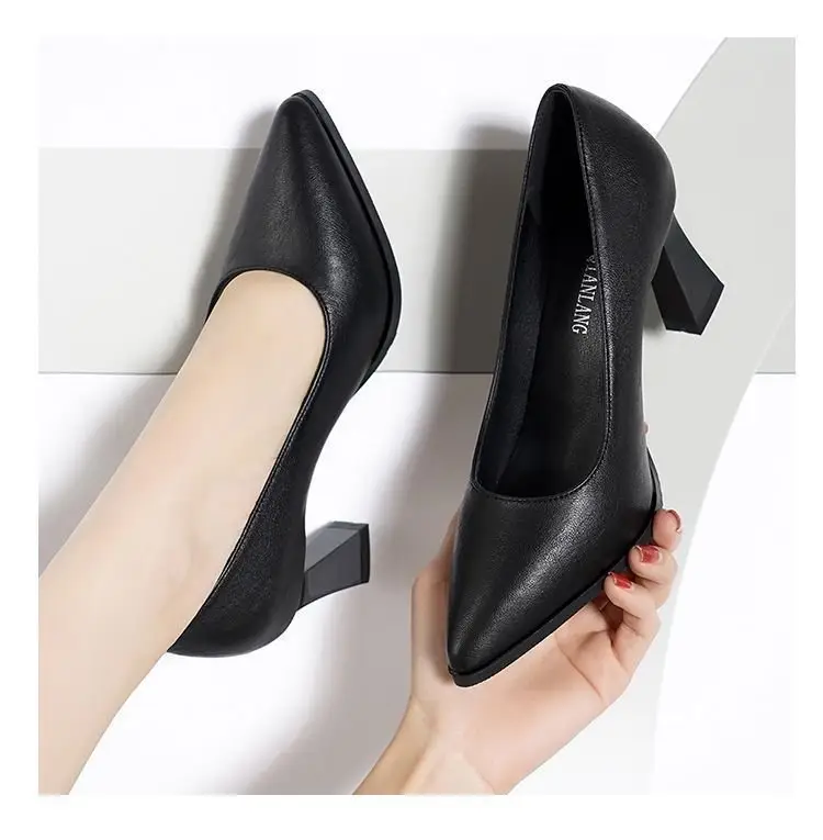 2024 New Comfortable High Heels Single Shoes Women's Middle Heel Non-slip Work Professional Work Shoes Black Leather Shoes Women's Soft Sole — feature 5