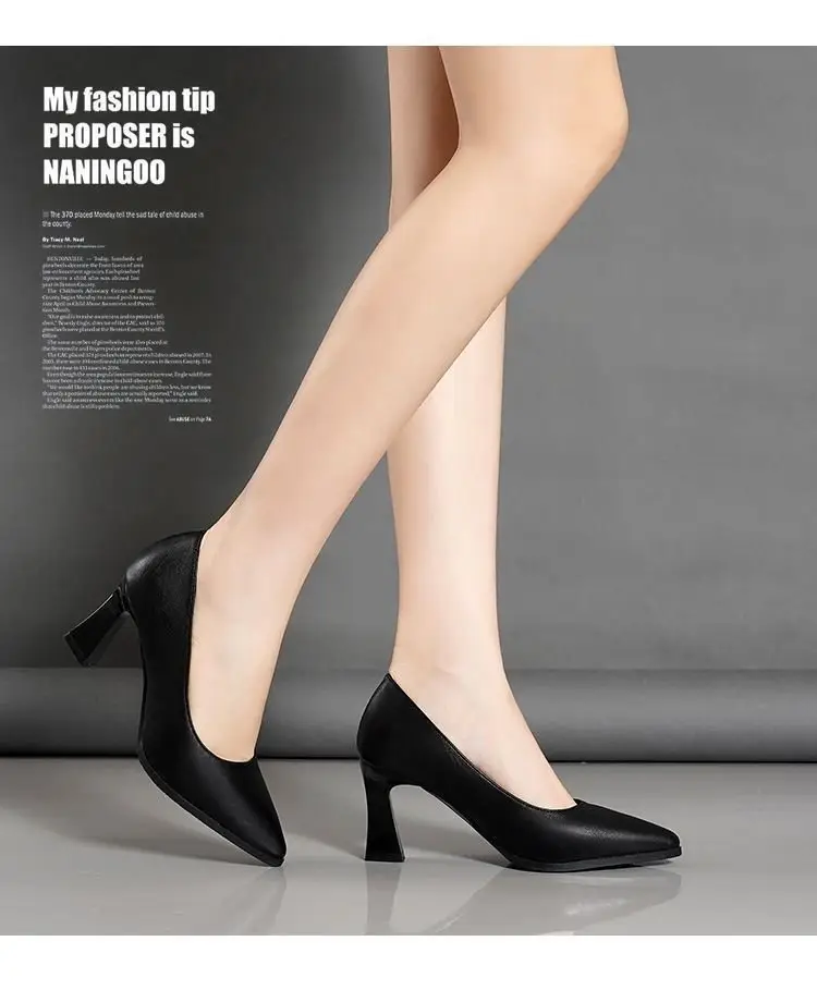 2024 New Comfortable High Heels Single Shoes Women's Middle Heel Non-slip Work Professional Work Shoes Black Leather Shoes Women's Soft Sole — feature 7