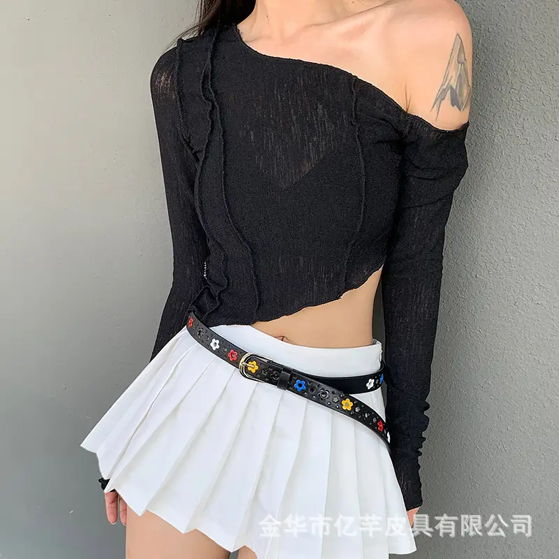 Black Embroidered Belted Skirt Top Set for Women - Image 4