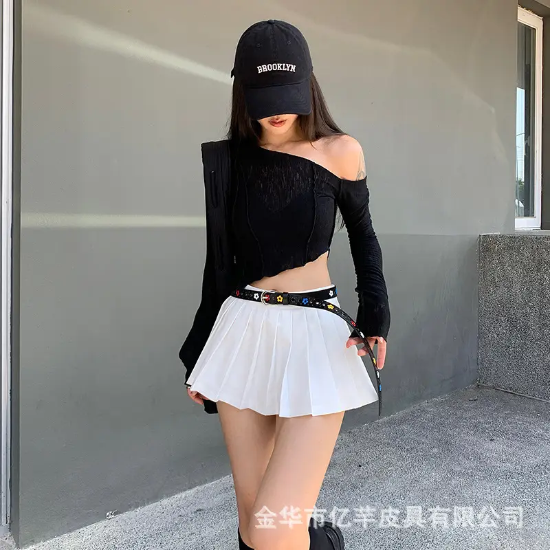 Black Embroidered Belted Skirt Top Set for Women - Image 5