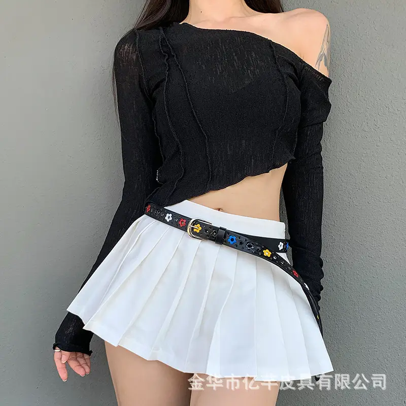 Black Embroidered Belted Skirt Top Set for Women — feature 8