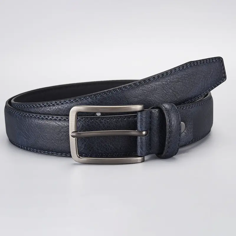 Men's Navy Blue Leather Belt with Silver Buckle - Image 7