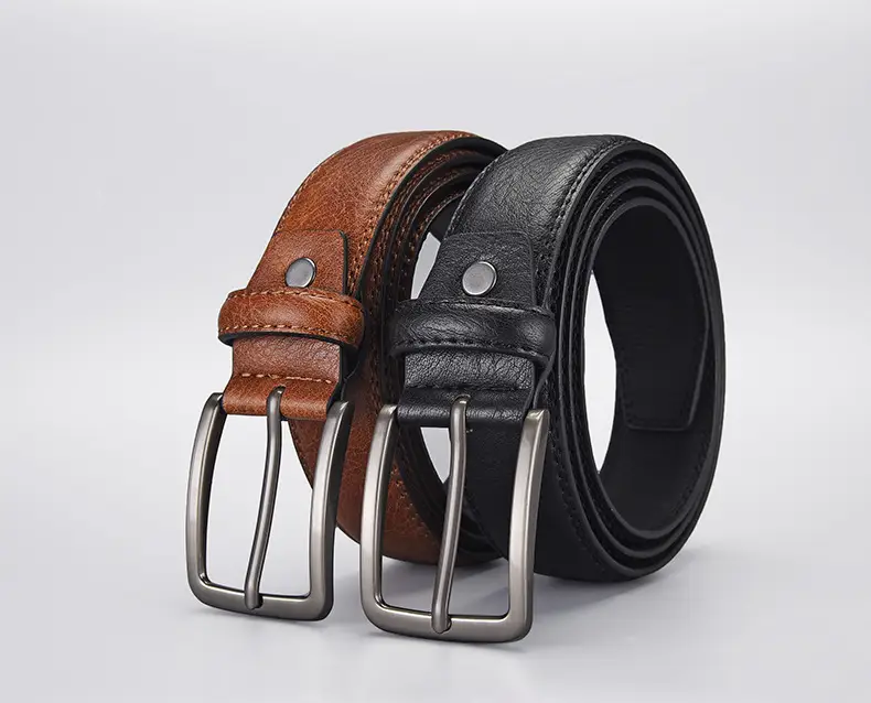 Men's Navy Blue Leather Belt with Silver Buckle — feature 1