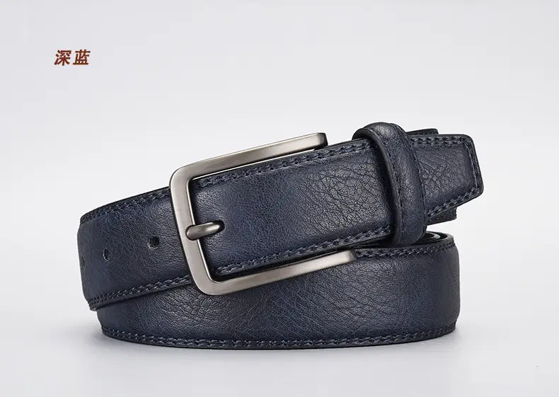 Men's Navy Blue Leather Belt with Silver Buckle — feature 6