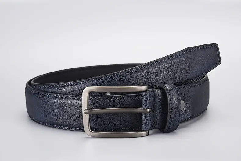 Men's Navy Blue Leather Belt with Silver Buckle — feature 7
