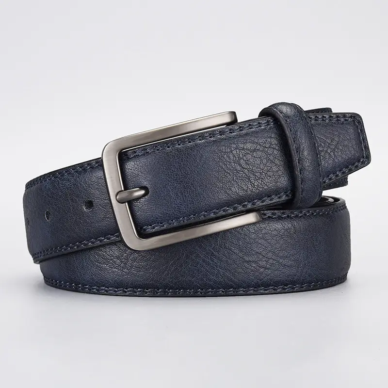 Men's Navy Blue Leather Belt with Silver Buckle - Image 3