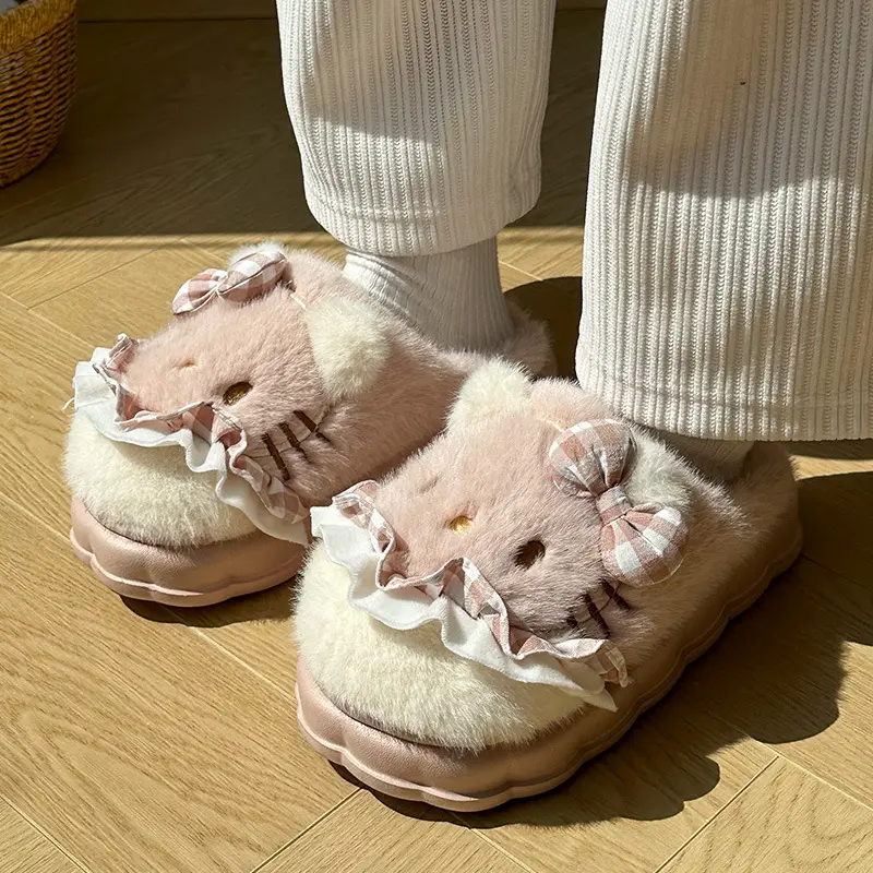 Girls Cotton Slippers Autumn and Winter Home Indoor Non-slip fleece-lined Thick Bottom Warm Plush Cartoon Kitten Cotton Slippers Student