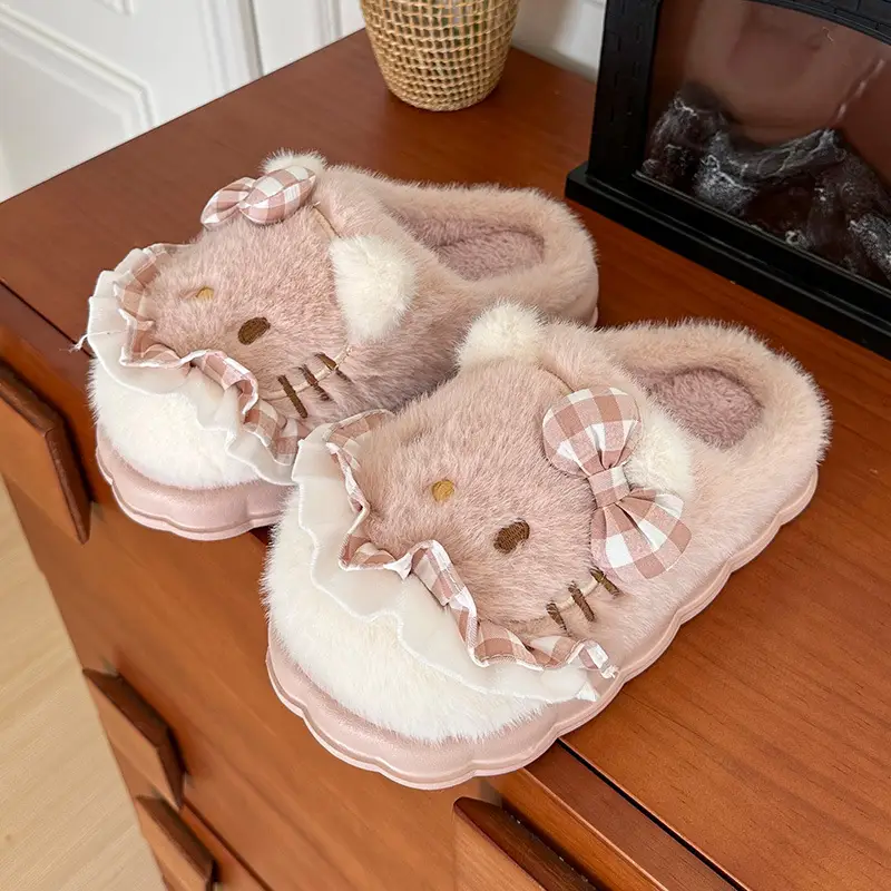 Girls Cotton Slippers Autumn and Winter Home Indoor Non-slip fleece-lined Thick Bottom Warm Plush Cartoon Kitten Cotton Slippers Student