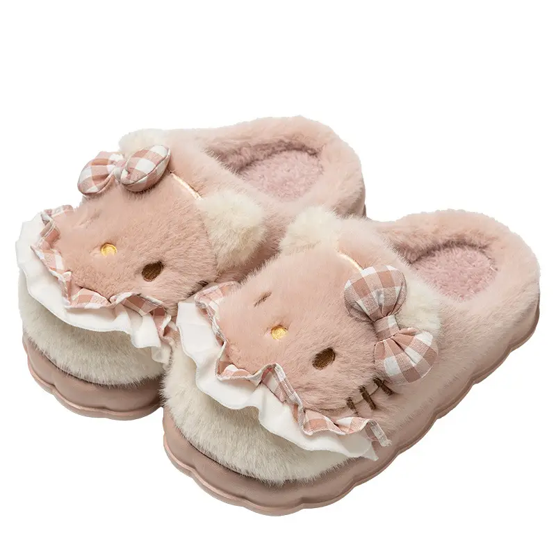 Girls Cotton Slippers Autumn and Winter Home Indoor Non-slip fleece-lined Thick Bottom Warm Plush Cartoon Kitten Cotton Slippers Student