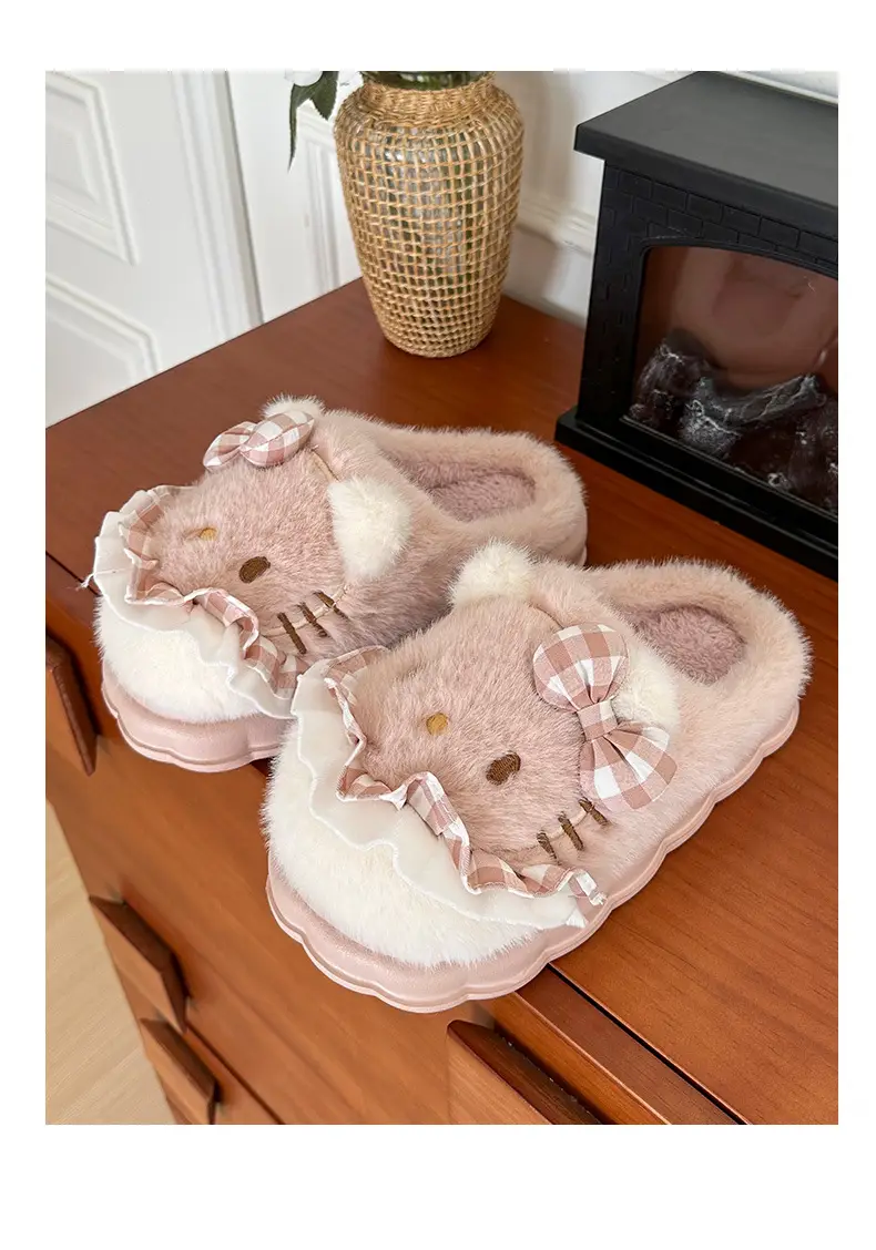 Girls Cotton Slippers Autumn and Winter Home Indoor Non-slip fleece-lined Thick Bottom Warm Plush Cartoon Kitten Cotton Slippers Student — feature 11