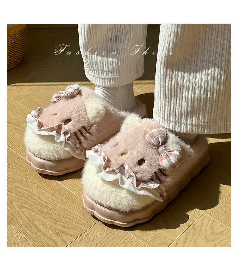 Girls Cotton Slippers Autumn and Winter Home Indoor Non-slip fleece-lined Thick Bottom Warm Plush Cartoon Kitten Cotton Slippers Student — feature 19