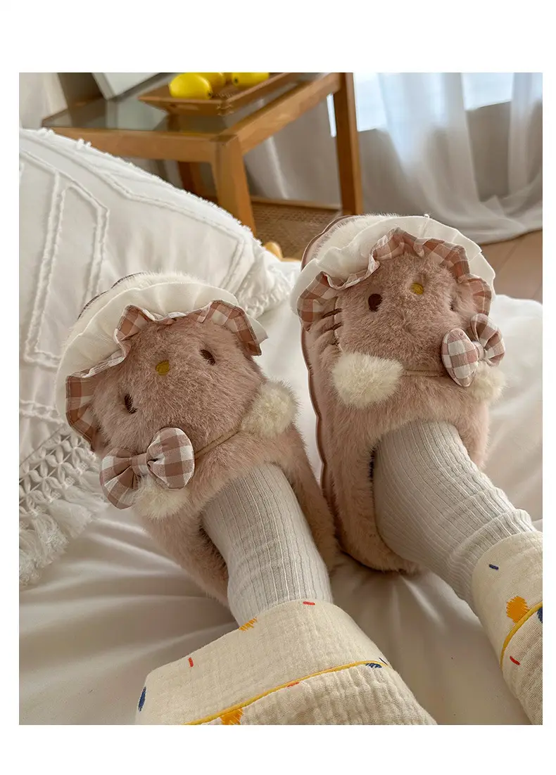 Girls Cotton Slippers Autumn and Winter Home Indoor Non-slip fleece-lined Thick Bottom Warm Plush Cartoon Kitten Cotton Slippers Student — feature 24