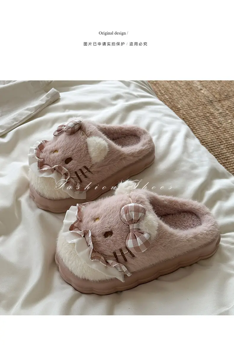 Girls Cotton Slippers Autumn and Winter Home Indoor Non-slip fleece-lined Thick Bottom Warm Plush Cartoon Kitten Cotton Slippers Student — feature 6