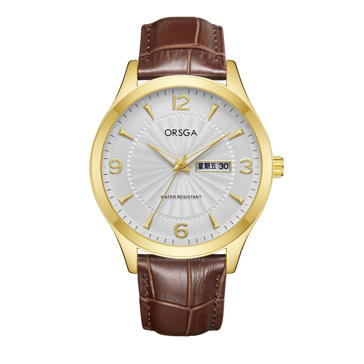 Brown leather belt gold shell white face