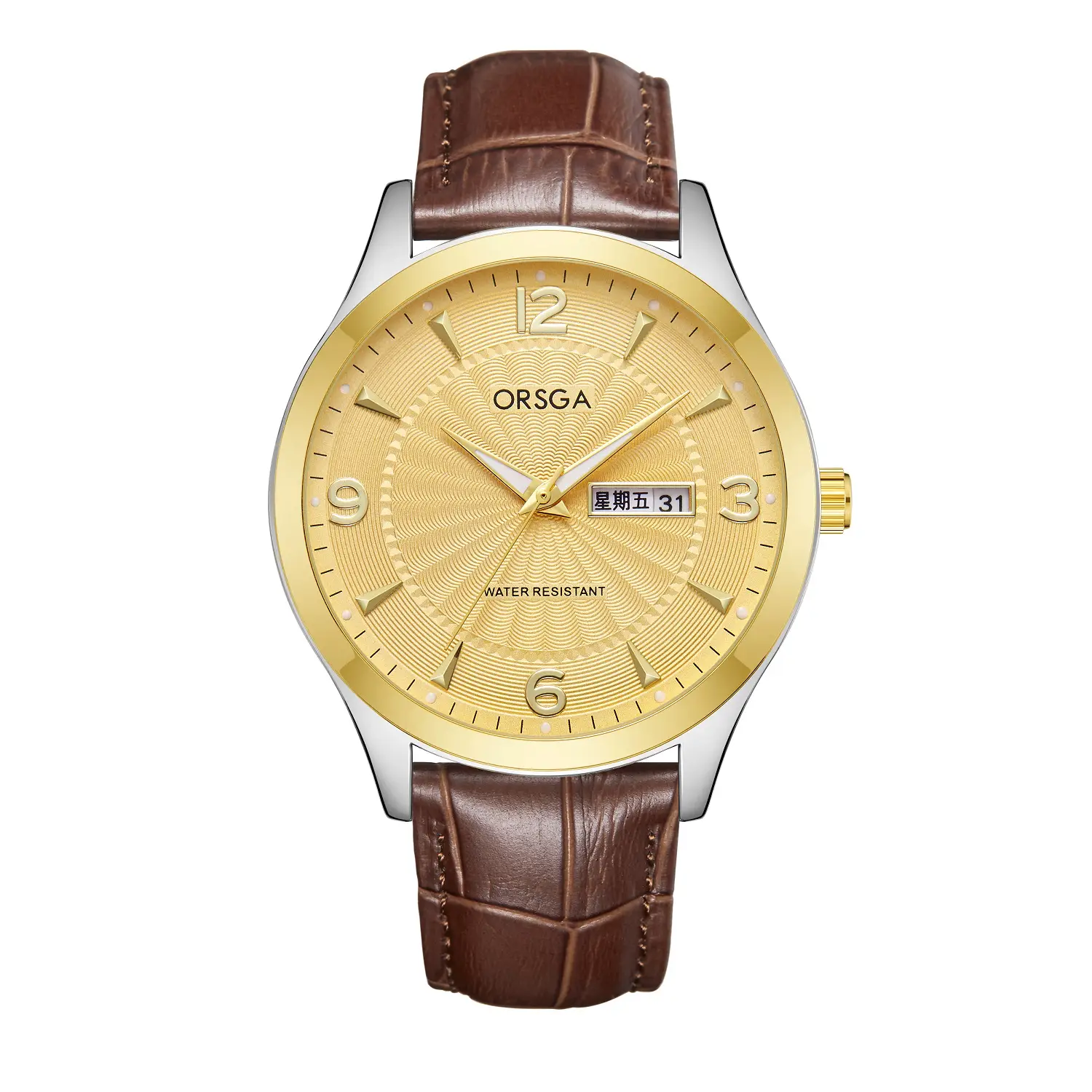 Brown leather belt silver shell gold ring gold face