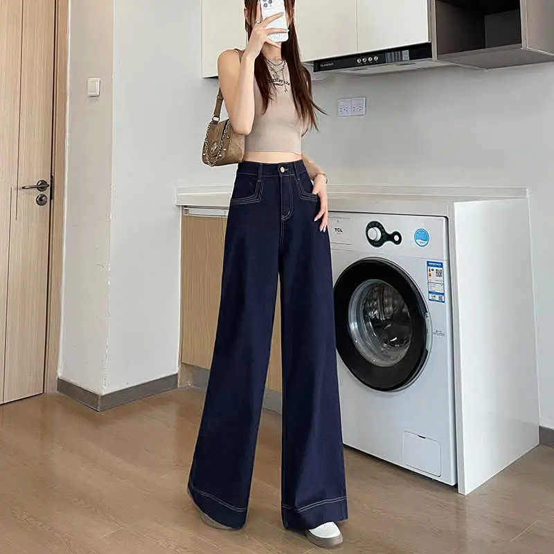 Tannin Blue Wide Leg Pants Spring Autumn Slimming Stretch