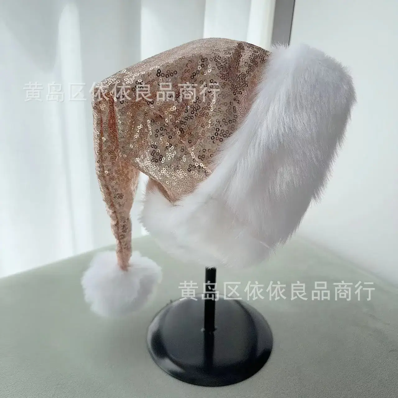Christmas Hat Champagne Sequin White Pom Pom - Image 3
