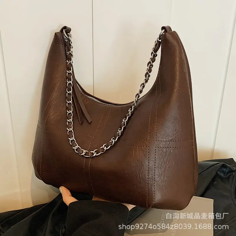 Brown Textured Lazy Shoulder Bag with Chain