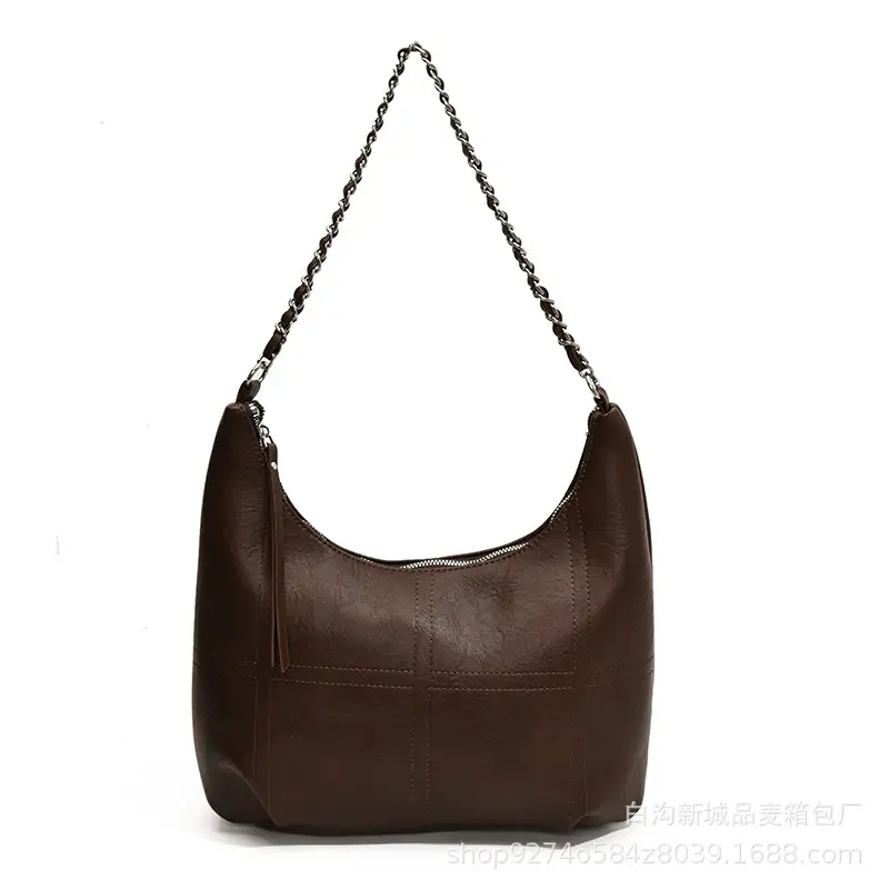Brown Textured Lazy Shoulder Bag with Chain