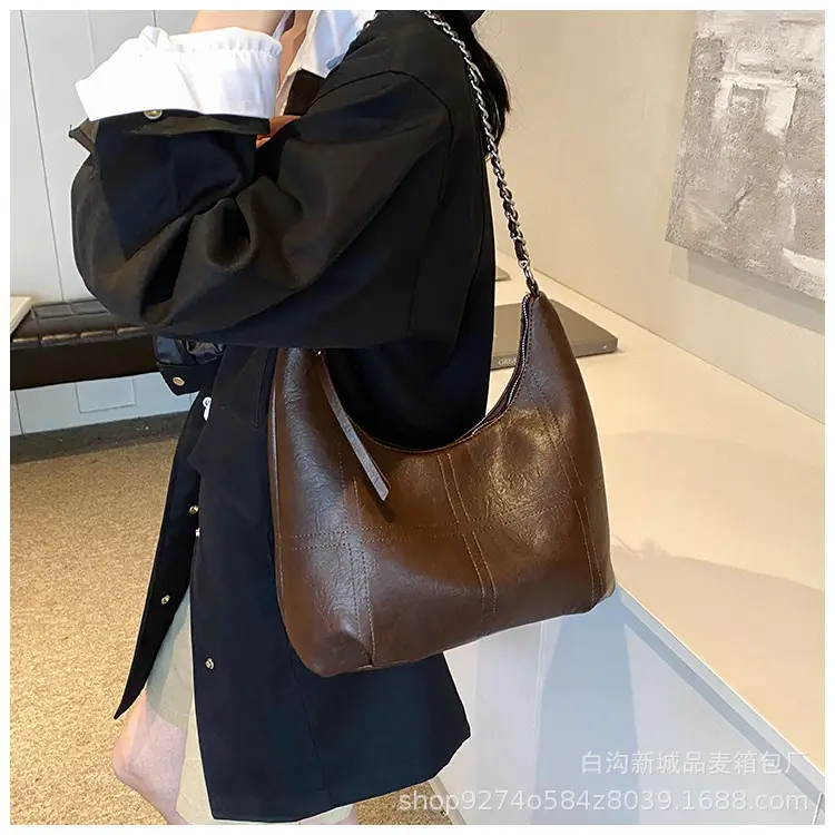 Brown Textured Lazy Shoulder Bag with Chain — feature 15