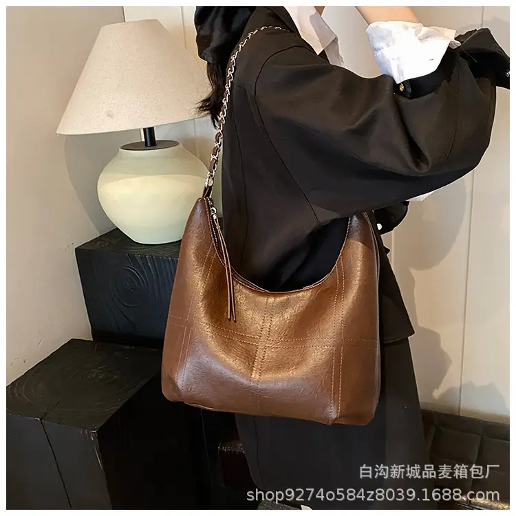 Brown Textured Lazy Shoulder Bag with Chain — feature 16