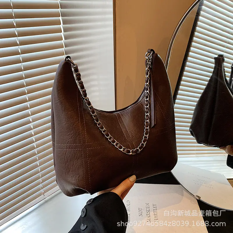 Brown Textured Lazy Shoulder Bag with Chain
