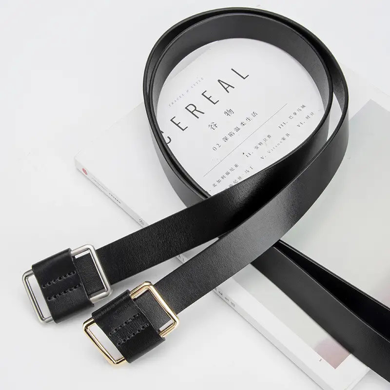 Black Leather Belt with Square Buckle for Women