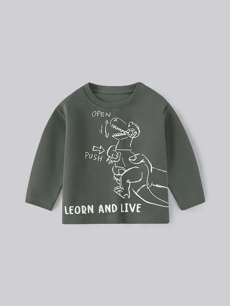 Kids Dinosaur Letter T-Shirt Brown Long Sleeve Cotton