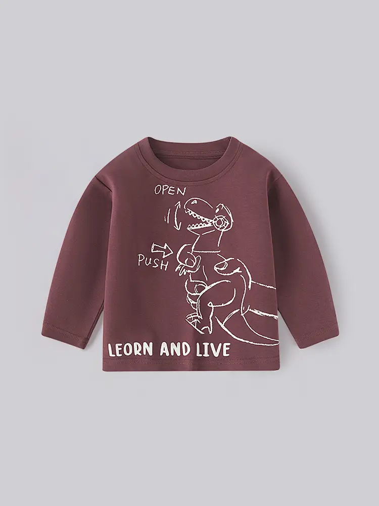 Kids Dinosaur Letter T-Shirt Brown Long Sleeve Cotton