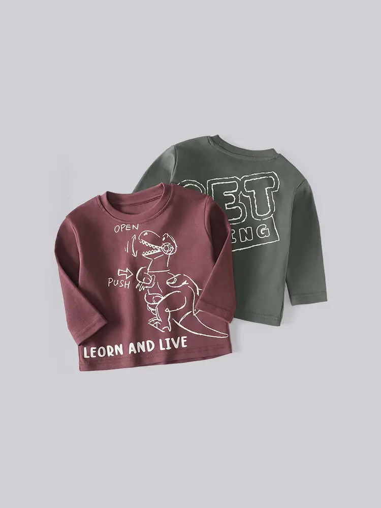 Kids Dinosaur Letter T-Shirt Brown Long Sleeve Cotton