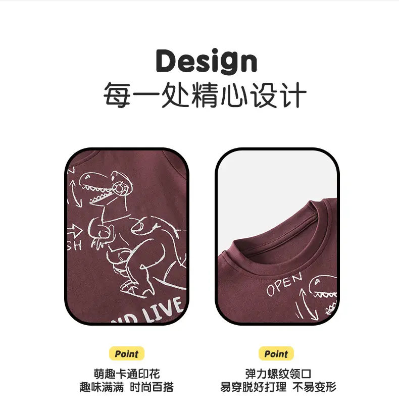 Kids Dinosaur Letter T-Shirt Brown Long Sleeve Cotton — feature 2