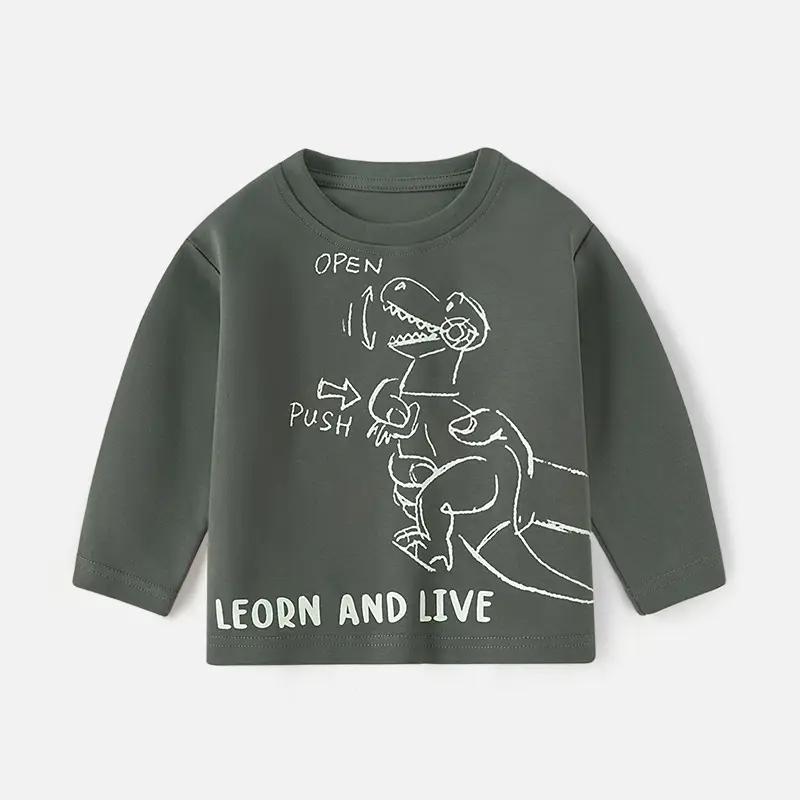 Kids Dinosaur Letter T-Shirt Brown Long Sleeve Cotton
